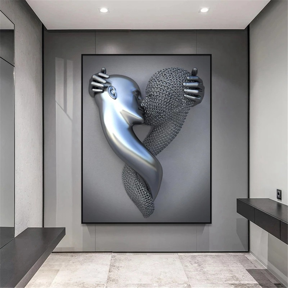 Bedroom Wall Decor, Romantic Couple Living Room Canvas Wall Art, Love Heart  3D Metal Sculpture Effect, Black and White Modern Abstract Lovers Painting
